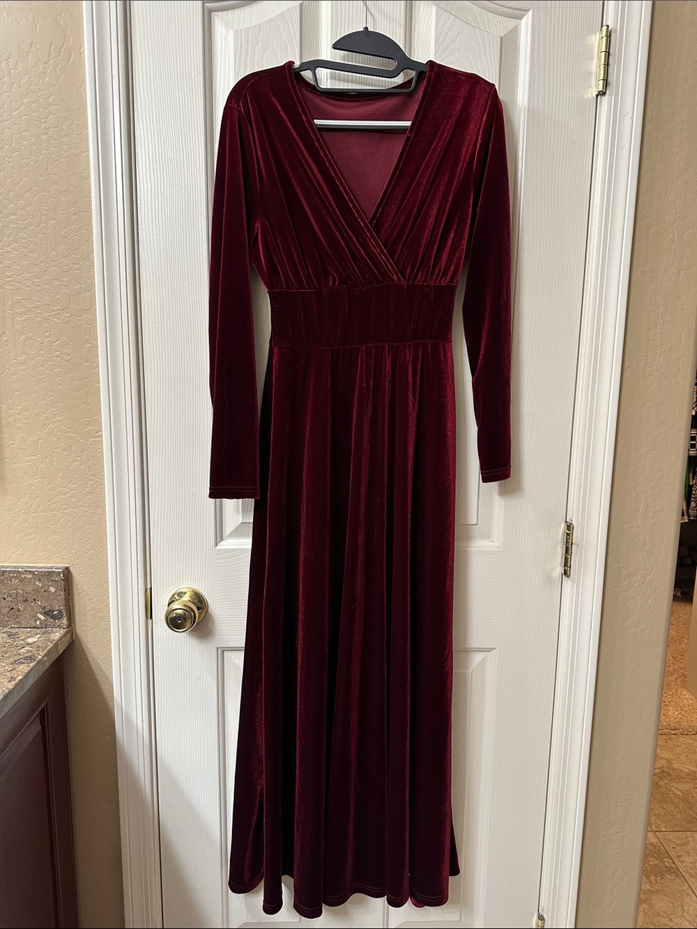 SHEIN Burgundy Velvet Long Sleeve Wrap Maxi Dress